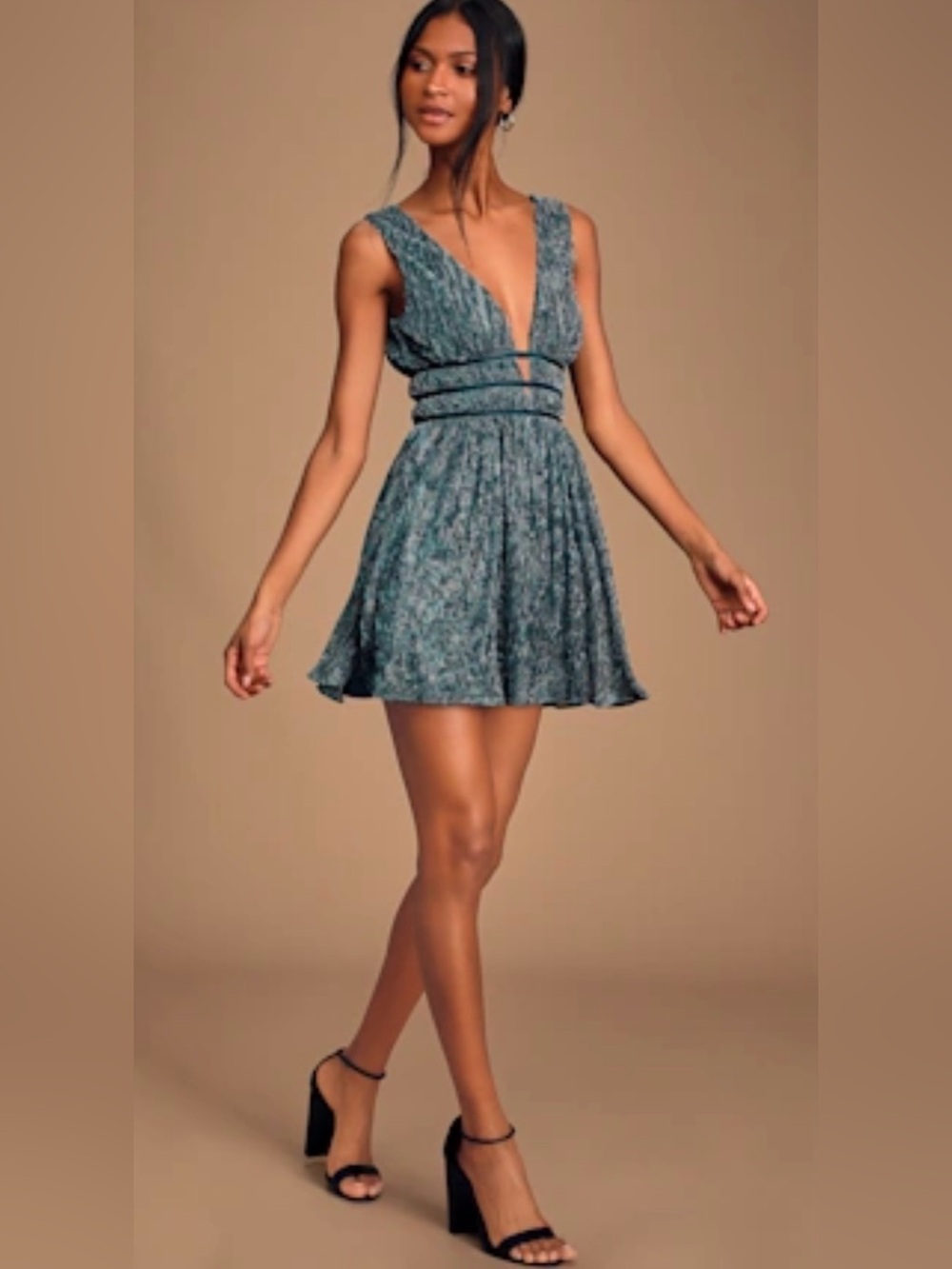 Lulus Smokeshow Teal Metallic Mini Dress Velvet Trim Skater Cocktail Dress SZ. L